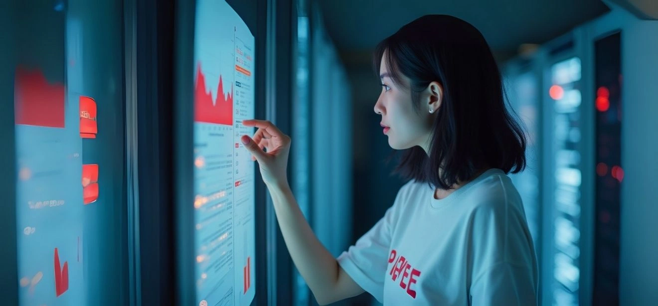 A woman analyzing data on a server rack, onpage seo audit