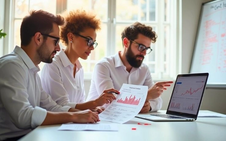 A team analyzes data on a laptop, a key part of organic marketing services USA