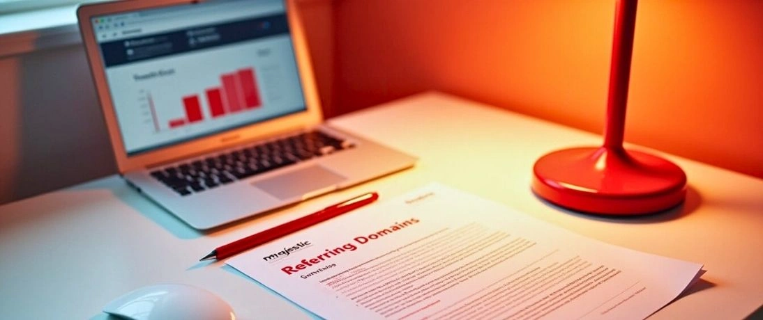 "Referring Domains" document and laptop, showing Organic Digital Marketing efforts