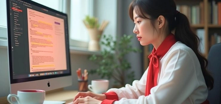 A woman working on her computer, a core aspect of Organic Digital Marketing