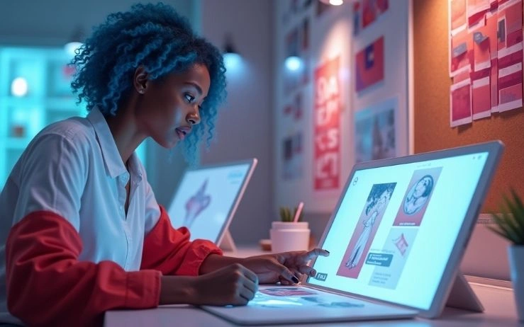 Print design services for a website or app, showing a designer with blue hair