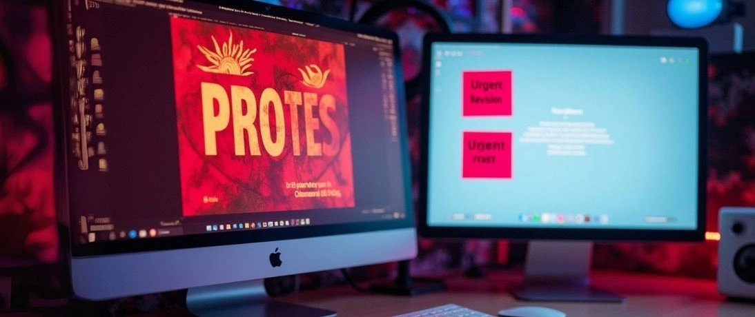 Graphic design and print solutions displayed on two computer monitors