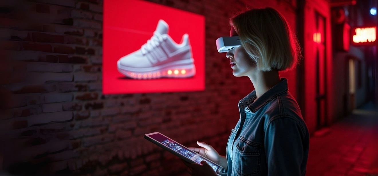 Woman in AR headset views a shoe ad, representing modern design and print solutions