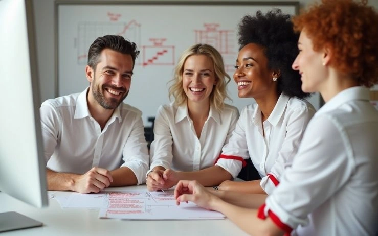 A happy team of SEO content writers in a meeting