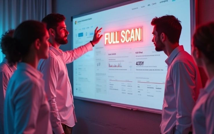A man pointing to a "FULL SCAN" sign on a screen for an SEO audit