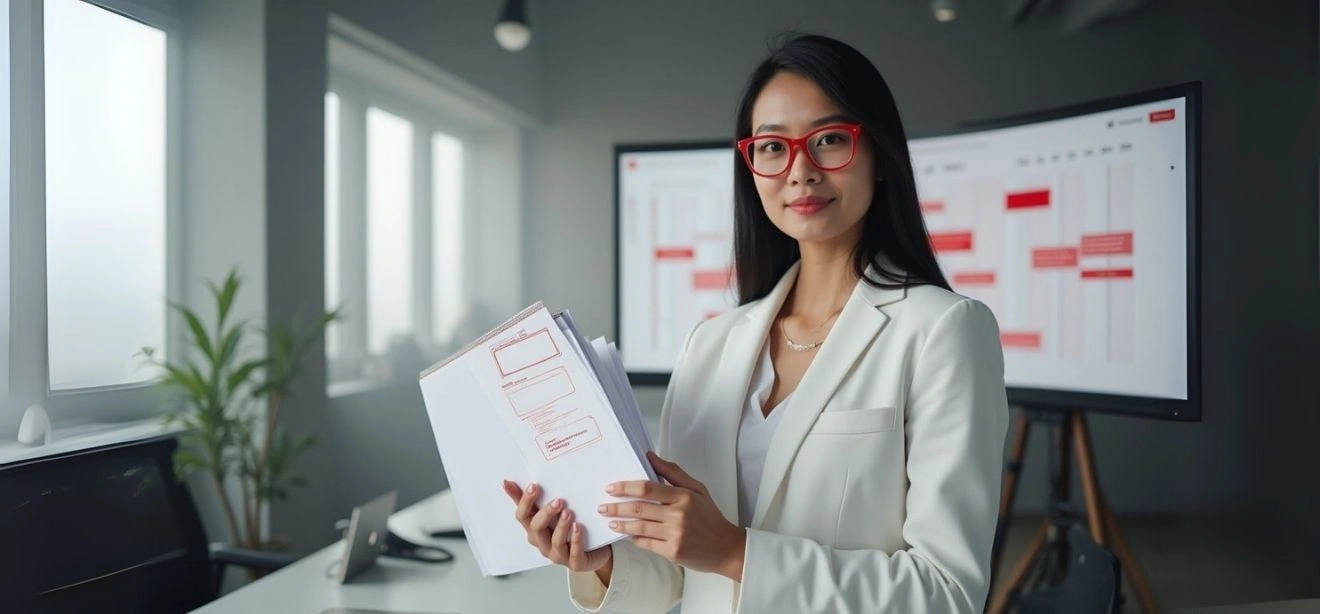 A woman smiling while holding papers in a modern office