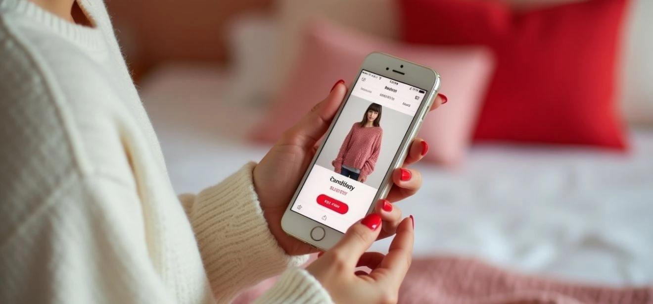 A person's hands scrolling through a store on a phone, with shopify development