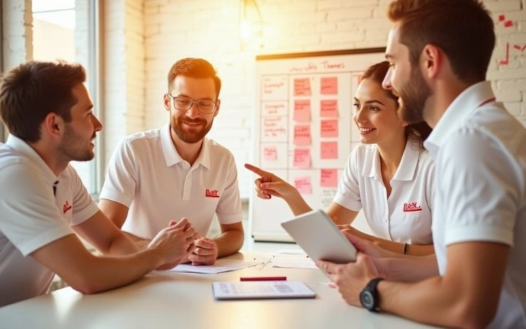 A team using tablets for social media post design services