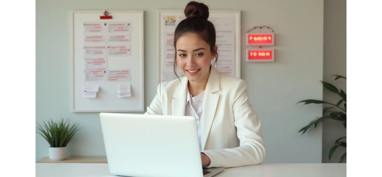 A professional woman using her laptop, smiling while working