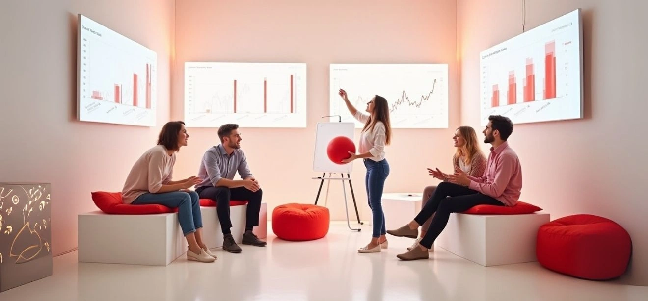 A group of people having a meeting in a white, minimal office