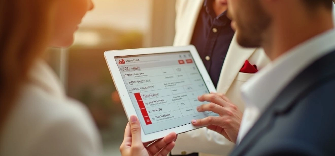 A man and woman review data from a social media optimization company