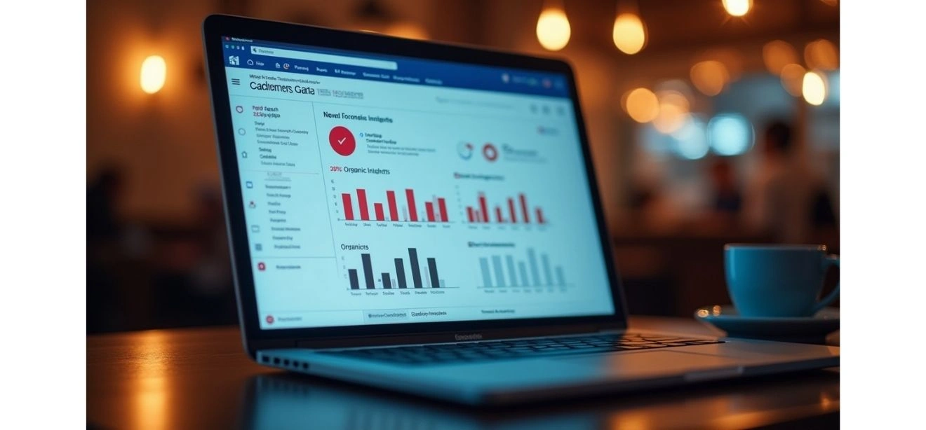 A laptop shows a dashboard for Social Media Optimization Services