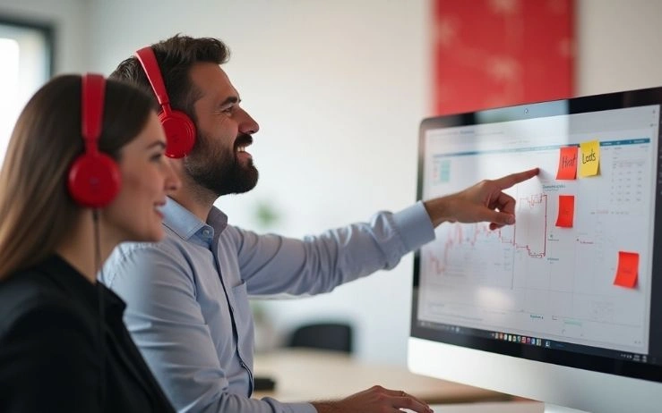 A man and woman with headphones using outsourced sales services