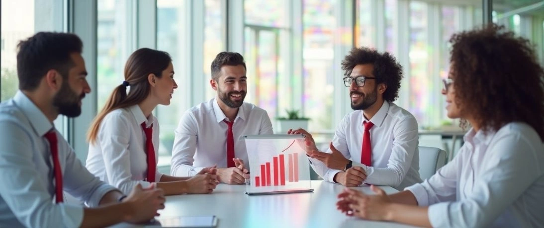 Outsourced sales services team meeting, discussing a growing chart