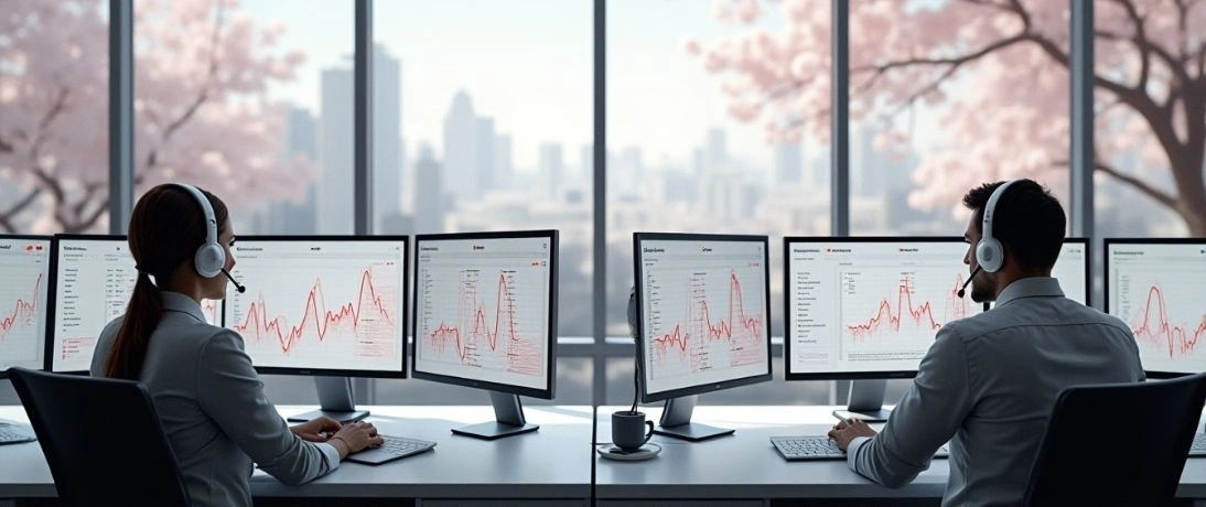 A man and woman provide virtual assistant services with headsets