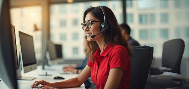 Woman in a call center providing voice customer support