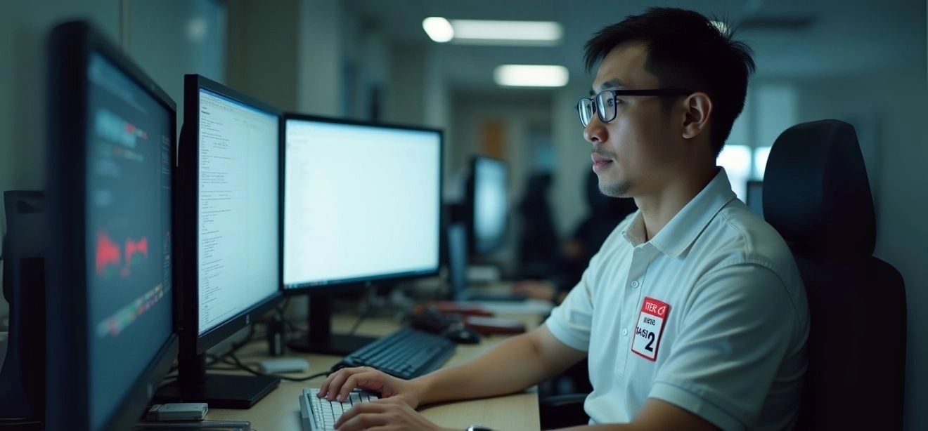 Man providing voice support services with multiple monitors