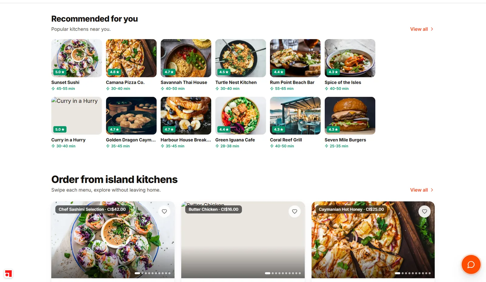 Island kitchens with live ratings and delivery times (brand cropped for confidentiality)
